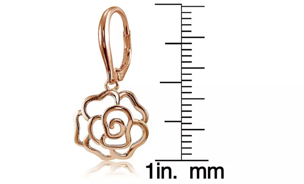 Rose Gold Flashed 925 Silver High Polished Open Rose Dangle Leverback Earrings