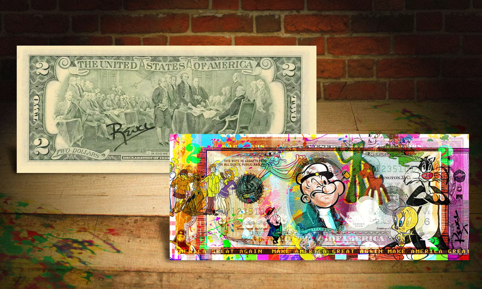 Pop-Art Cartoon Designs on Colorized $2 Bills - Second Medium