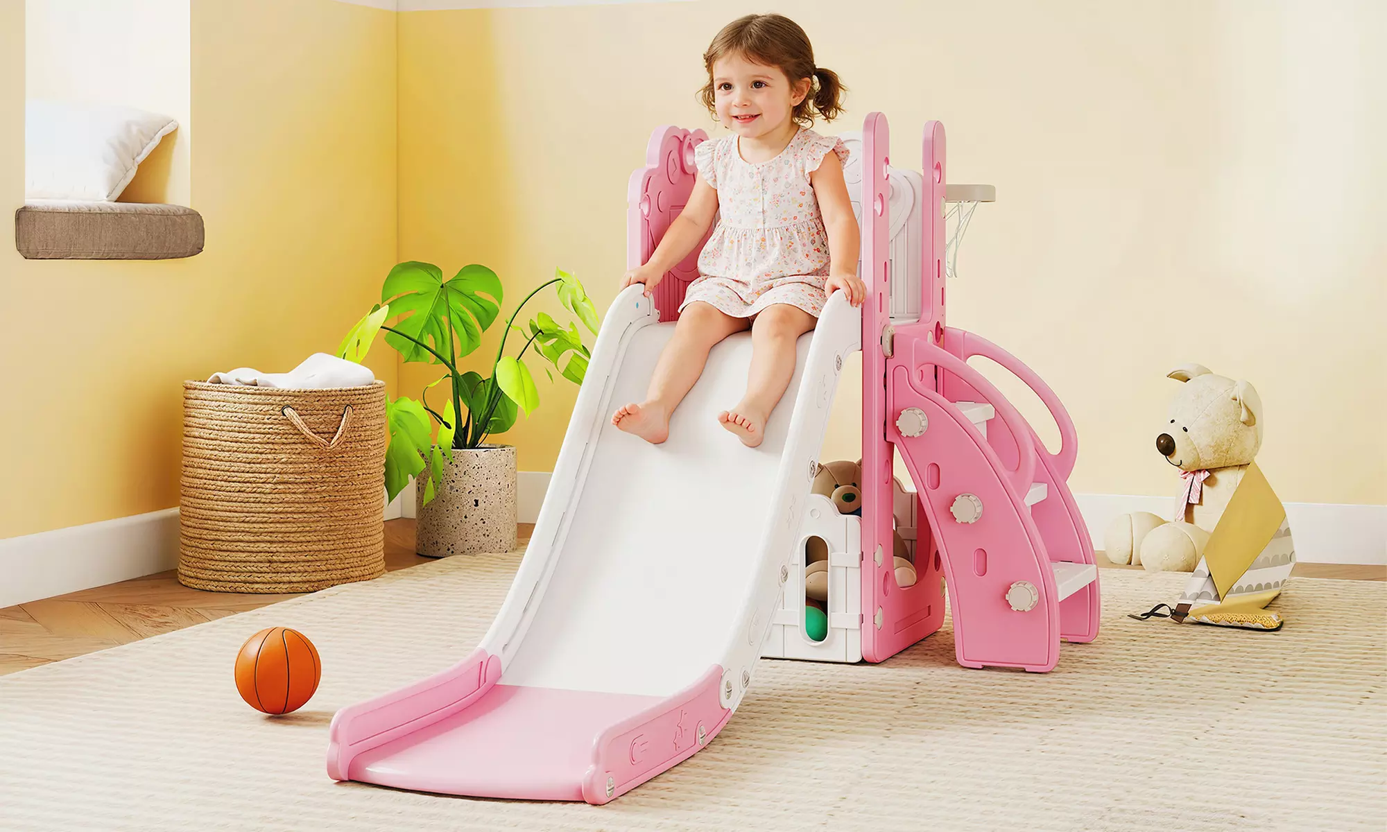 AIYAPLAY 5-in-1 Kids Slide Set with Telescope & Basketball Hoop