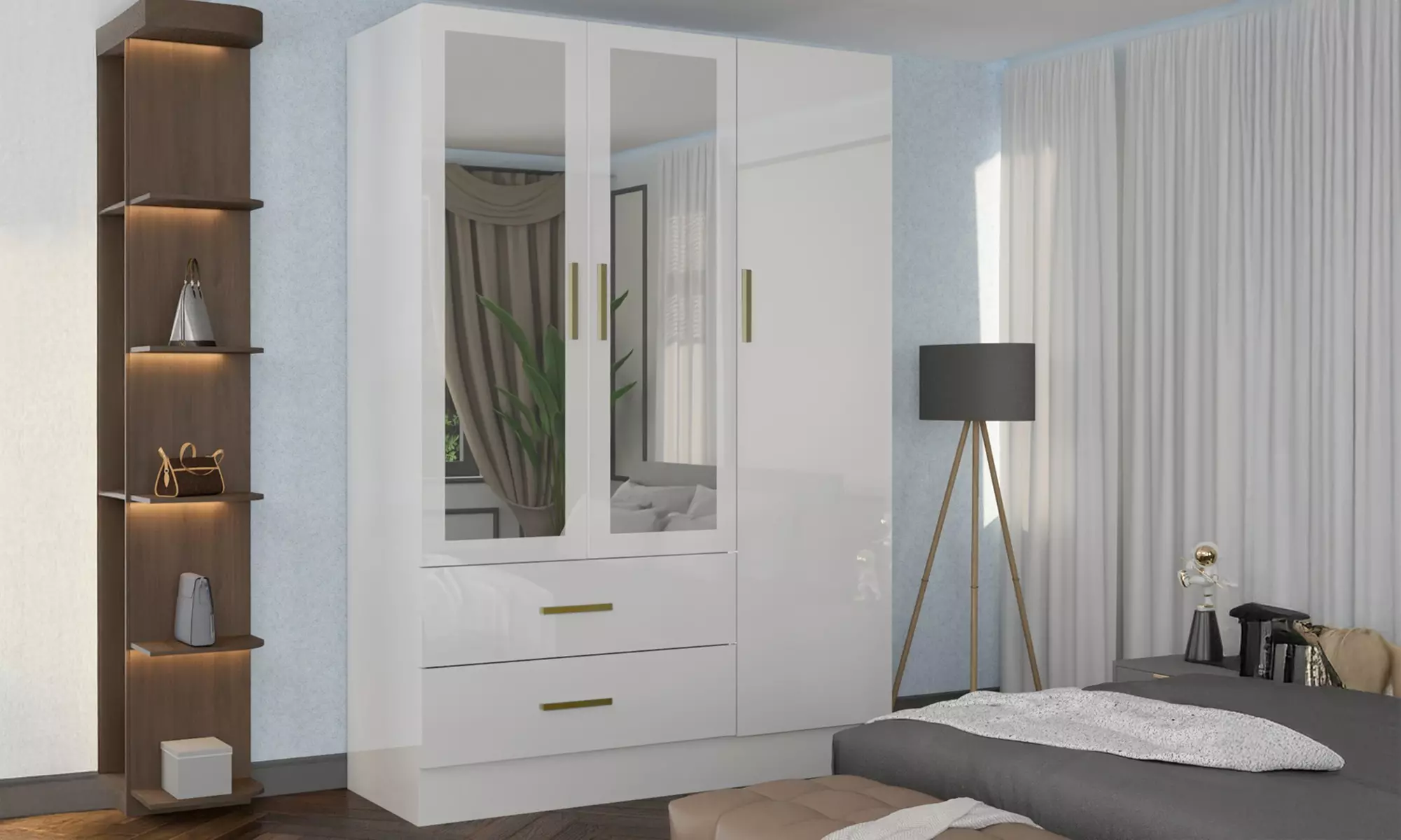 High Gloss Wardrobe with Mirrored Door