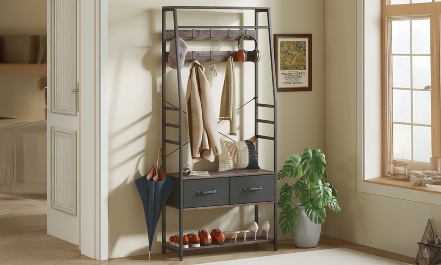 Image 1: HomCom Coat Rack with Shoe Storage Bench and Hooks