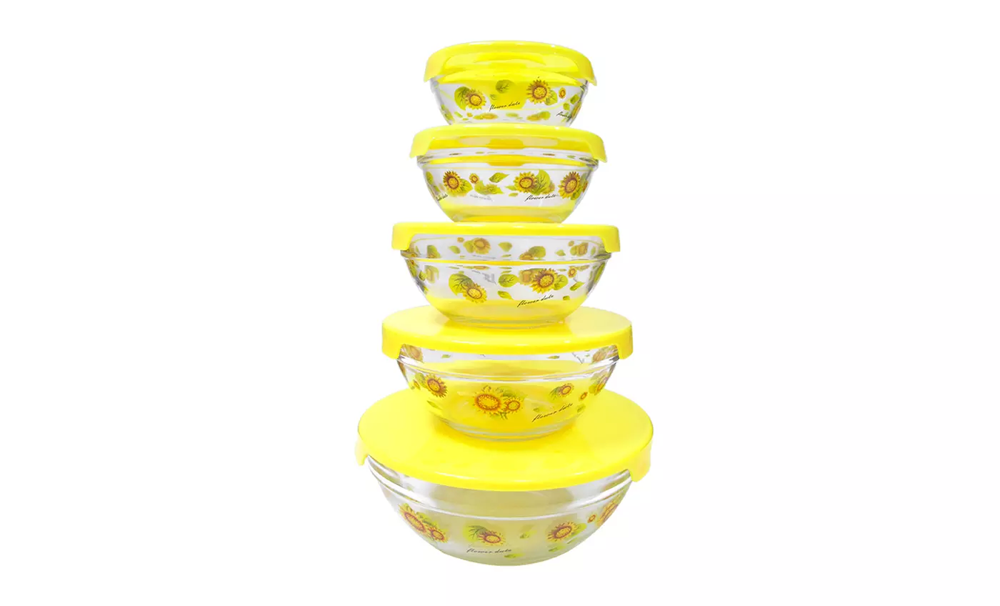 Set of 5 Printed Glass Bowls with Lids in Blue Flower or Yellow Sunflower Pattern. Free Returns. - Second Medium