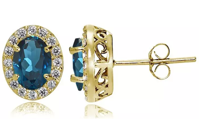 London Blue & White Topaz Oval Halo Stud Earrings in Yellow Flash 925 Silver