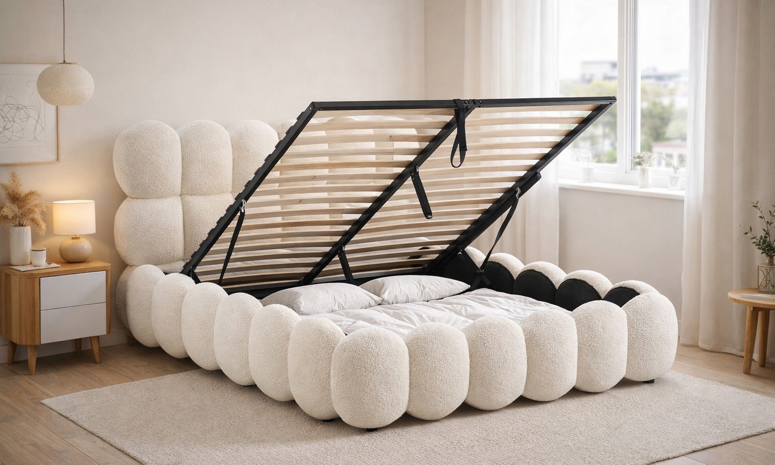 Lit coffre Megève en laine bouclée blanche