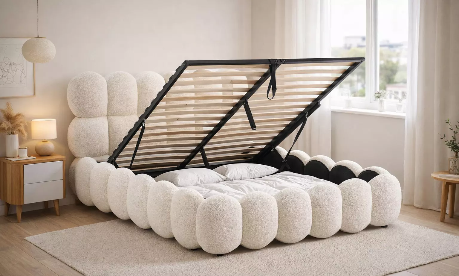 Lit coffre Megève en laine bouclée blanche