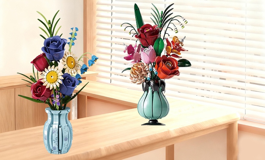 Image 3: LEGO Inspired Flowers Bouquet Building Blocks Set with Porcelain Style Vase, Roses, Sunflower, Lily of The Valley