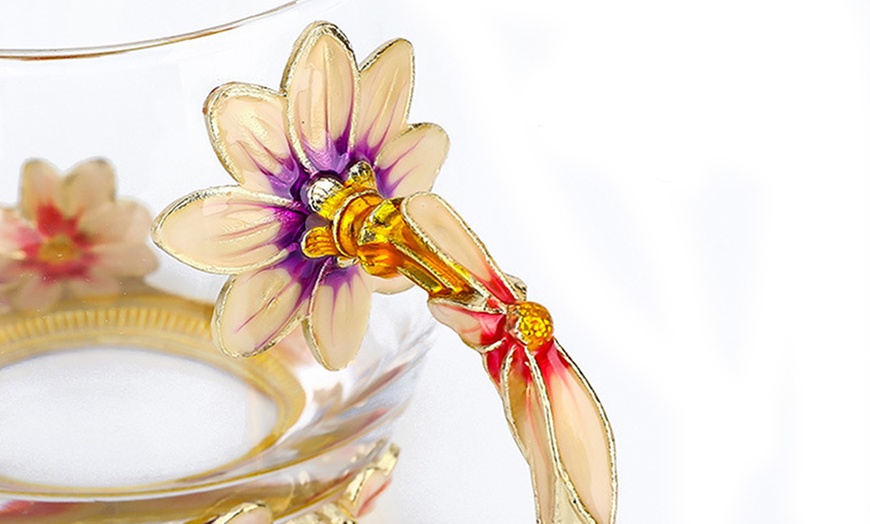 Image 3: Colourful Flower Glass Teacup with Spoon