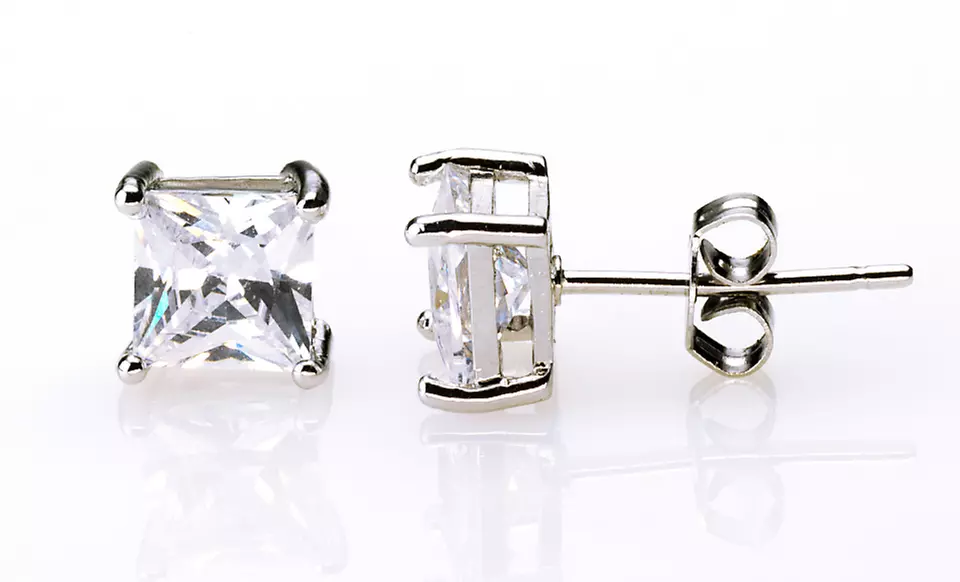 $3.99 for One Pair of White-Gold-Plated Princess-Cut Solitaire Stud Earrings ($49.95 List Price). Free Returns. - Primary Image