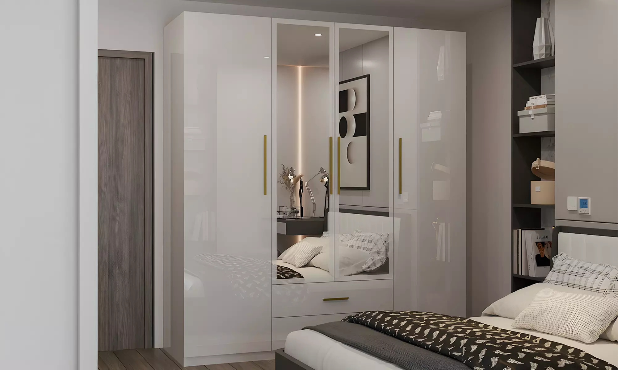 High Gloss Wardrobe with Mirrored Door
