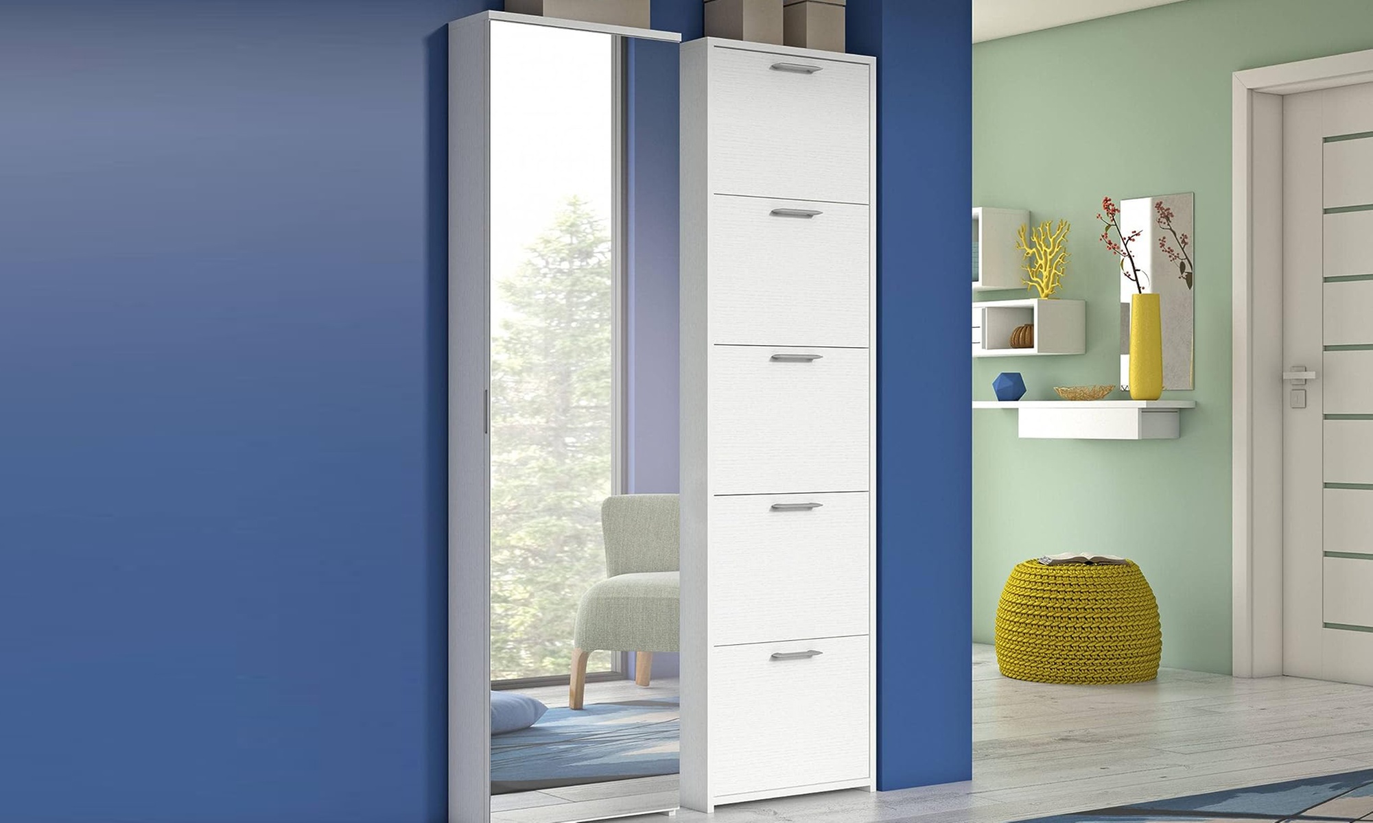 Porte-chaussures avec miroir- Design gain de place, fabriqué en Italie