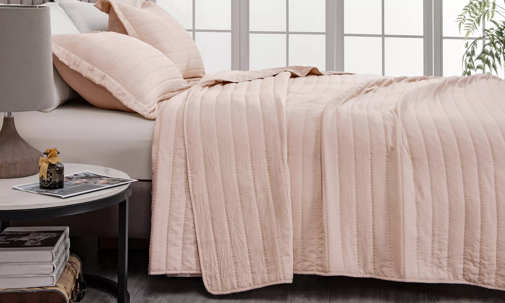 Channel Stitch Microfiber Reversible Quilt Set With Shams