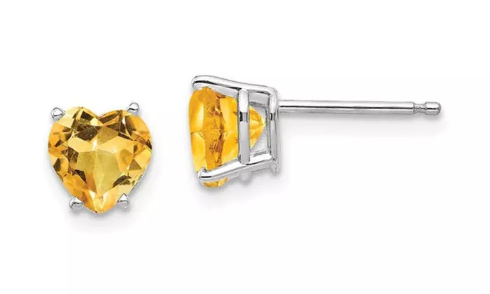 24k White Gold Plated 2 Cttw Citrine Heart Stud Earrings