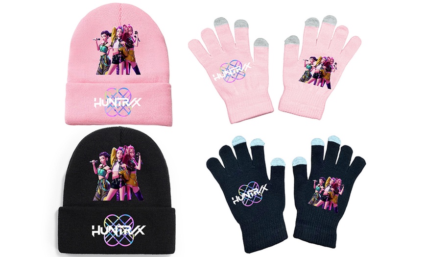 Image 1: K-pop Demon Hunters Group Printed Knit Hat and Gloves Set