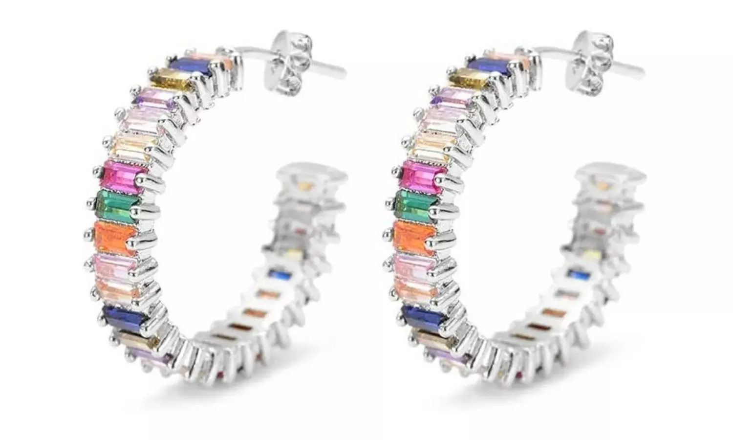 14k White Gold Plated Cubic Zirconia Multicolor Rainbow Round Hoop Stud Earrings