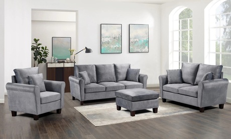 Groupon Tivette Brushed Velvet Sofa Set ,Mottled Mink ,3+2+1 Set, Grey