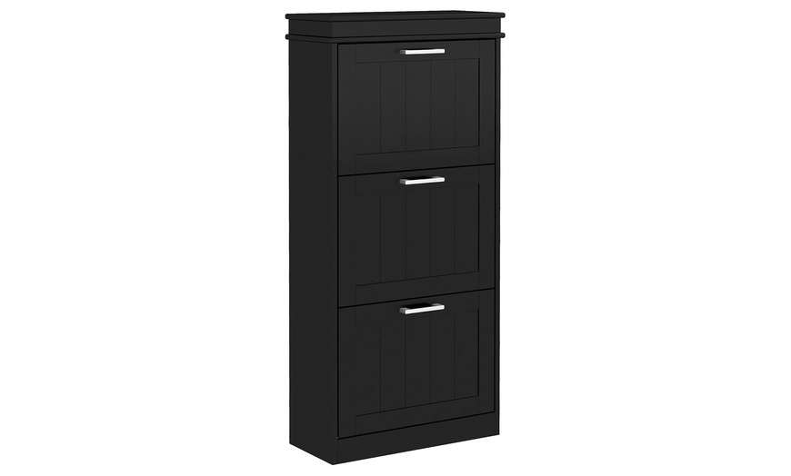 Image 6: HomCom Narrow 3-Tier Grey Shoe Cabinet with Flip Drawers