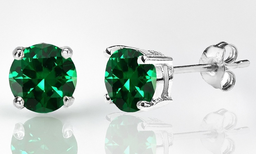 Image 1: Paris Jewelry White Gold Plated Round 6mm Emerald Stud Earrings