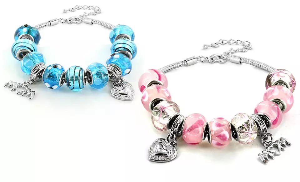Mom Charm Bracelet with Murano-Style Glass Beads. Multiple Colors Available. Free Returns. - Primary Image