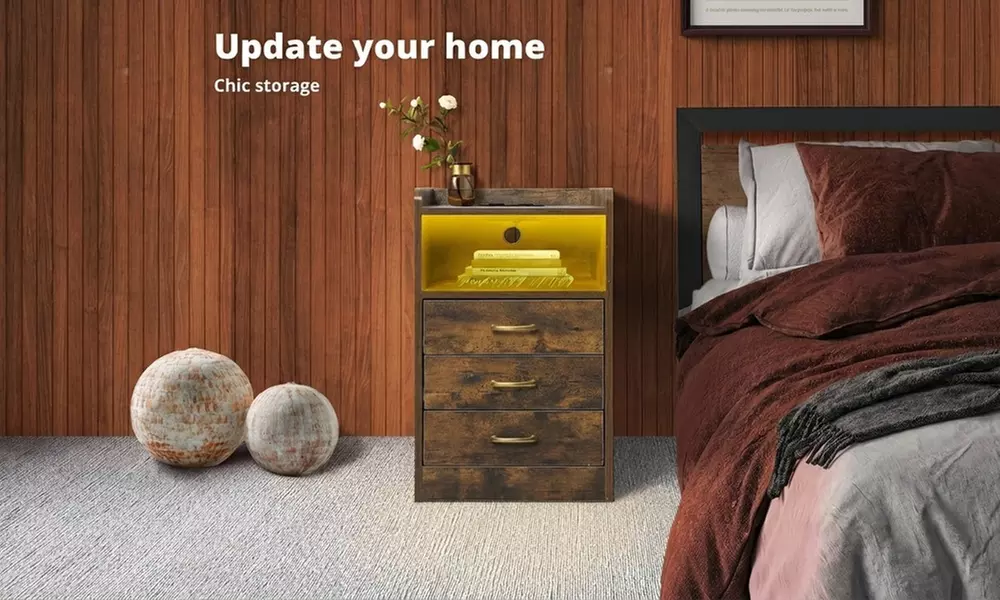 Levede LED Bedside Table – 3 Drawer Smart Nightstand