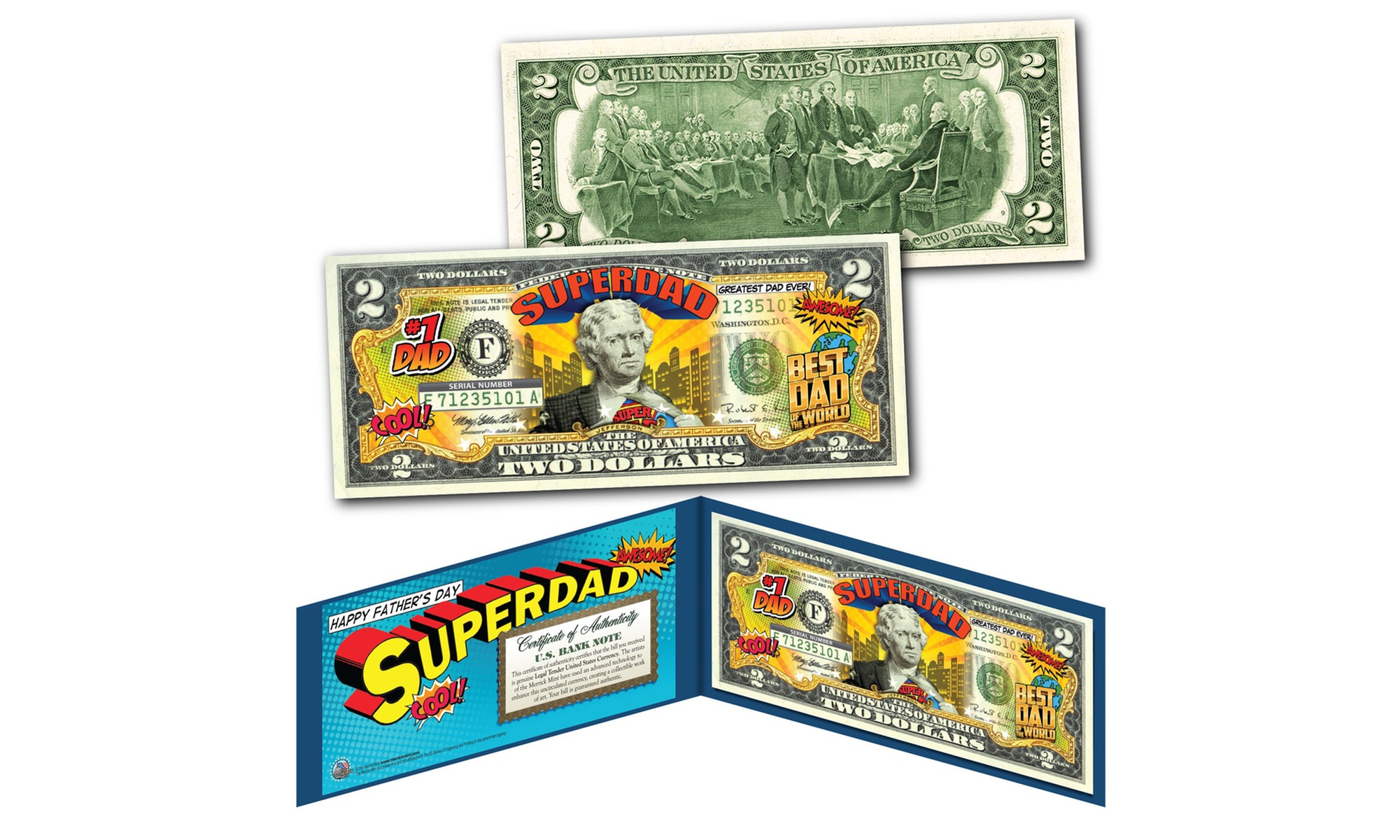 "Superdad" Genuine U.S. 2-Dollar Bill with Display Holder & Certificate