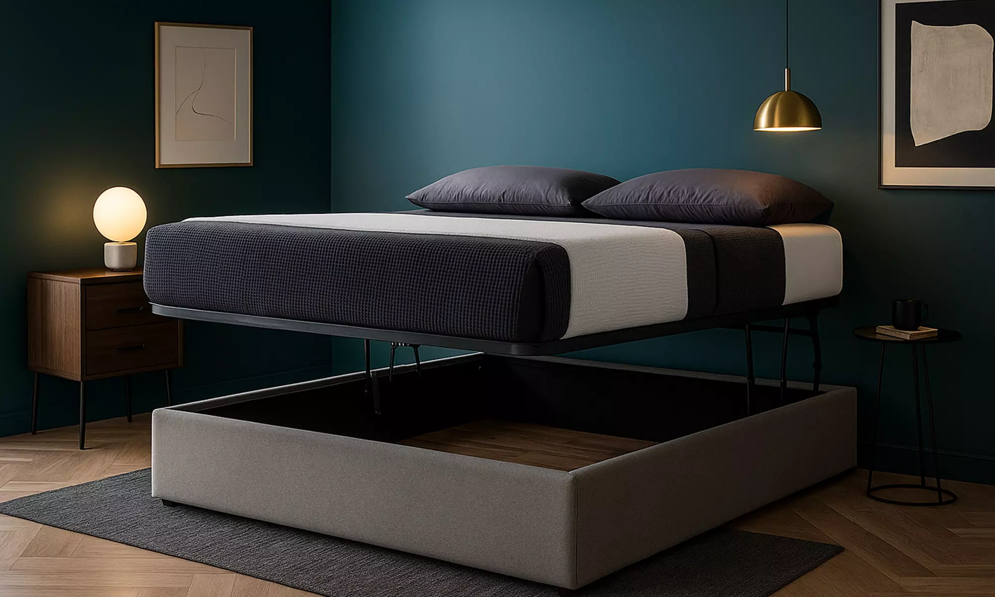 Lit coffre en tissu, 3 positions Sampur, espace de stockage jusqu'à 900 L, matelas optionnel, Sampur - Primary Image