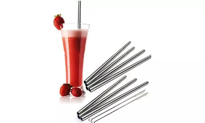 Stainless Steel Drinking Straws, Bent or Straight, With Brush (4 or 8-pack)