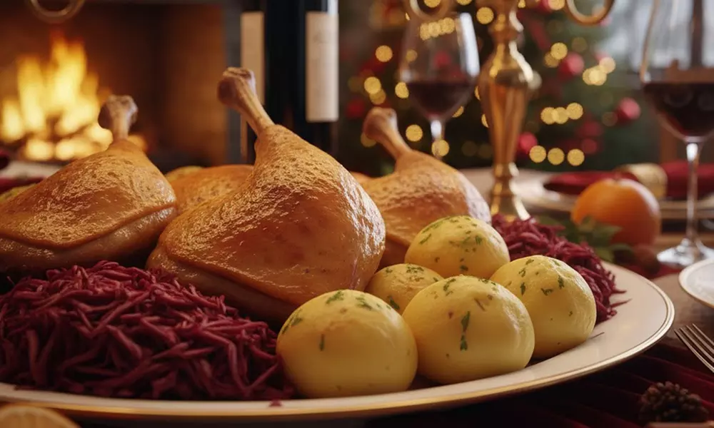 Gans zum Abholen oder Liefern mit Beilagen und Rotwein für 4 Personen