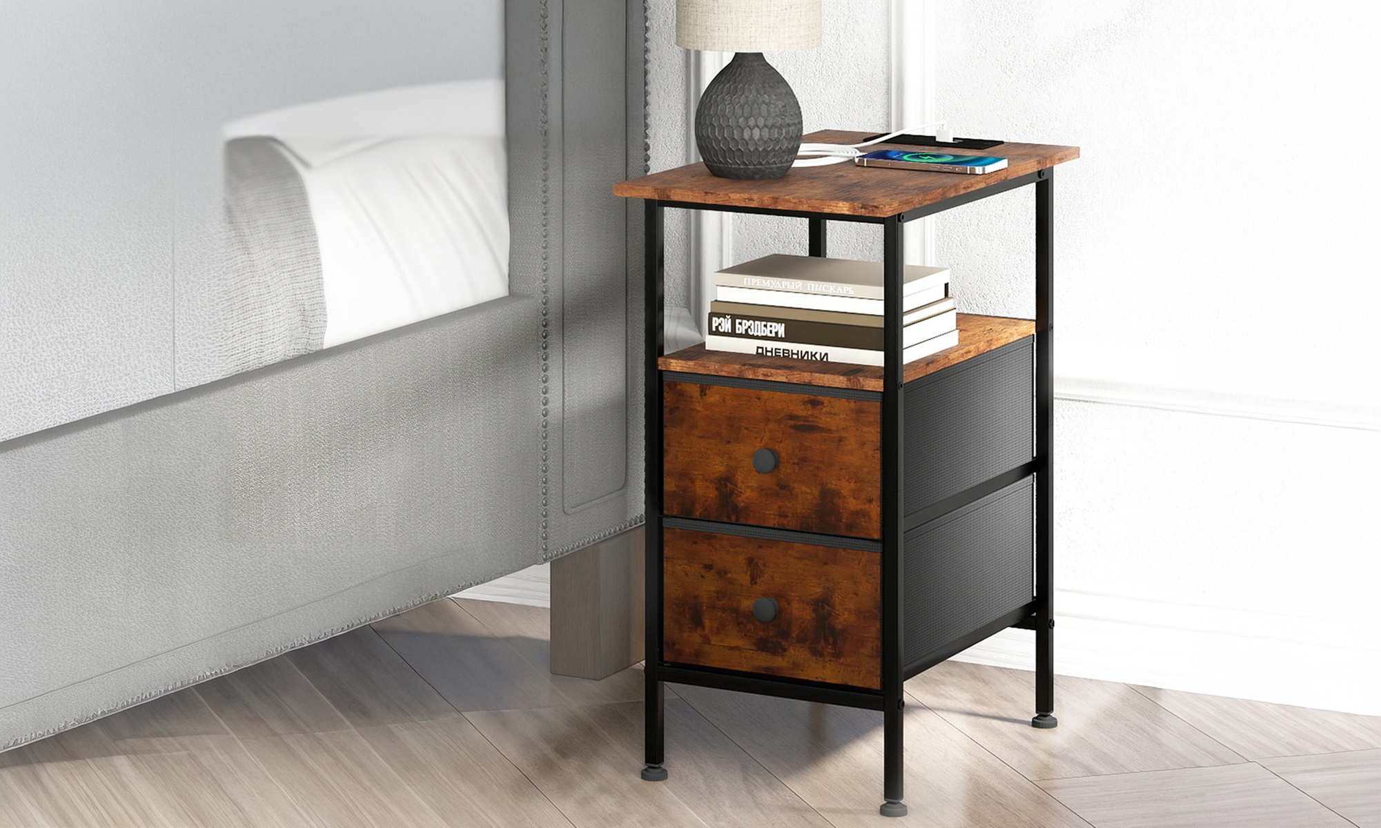 Levede Industrial Charging Side Table with USB Ports and Drawers