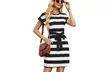 Women Summer Striped Crewneck Short Sleeve Tie Waist A Line Shirt Dress - Second Medium