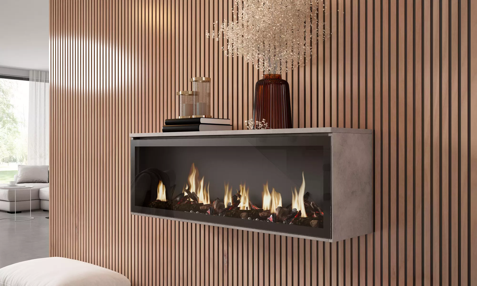 Elektrischer LED-Kamin COZY mit 3D-Feuereffekt, opt. mit Hängeboard