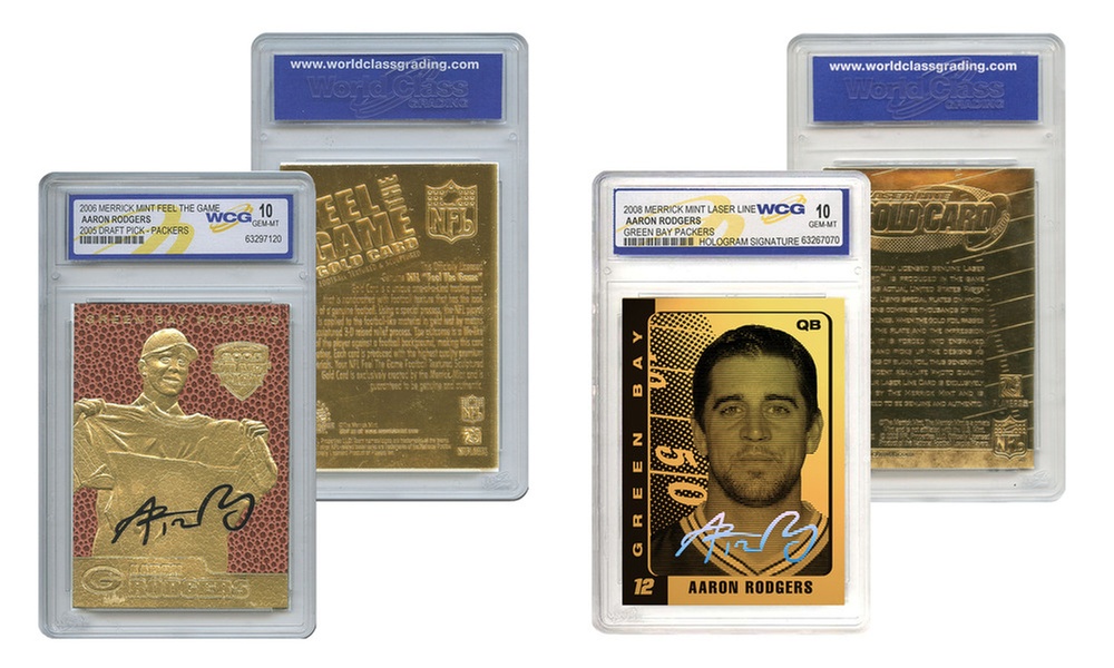 Set of 2 Gold Cards Aaron Rodgers Packers Feel The Game and Laser Line Gem-Mint
