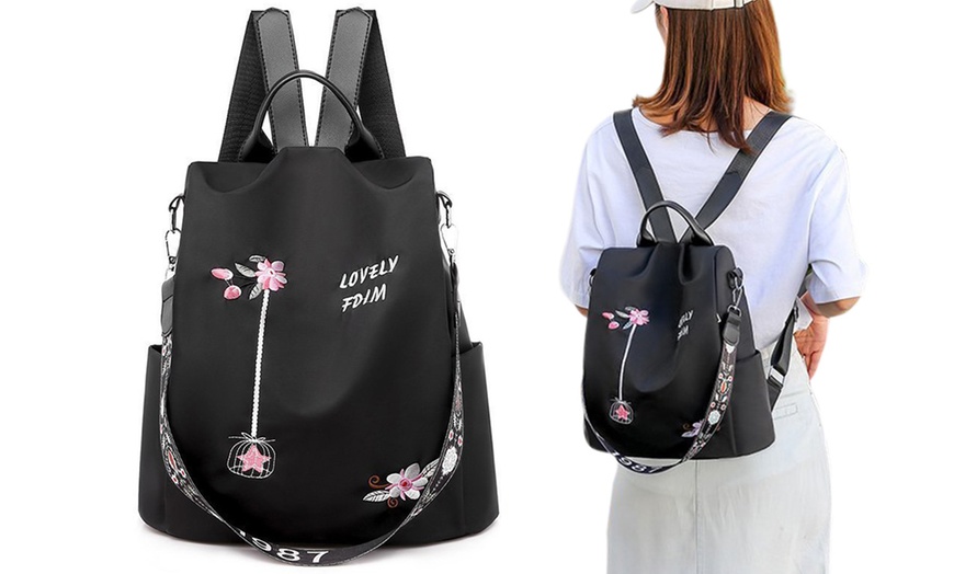 Image 2: Women's Floral Embroidered Anti-Theft Backpack