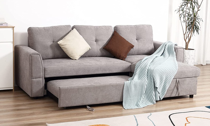 Image 2: HomCom L-Shaped Sofa Bed in Stylish Grey Linen-Look Upholstery