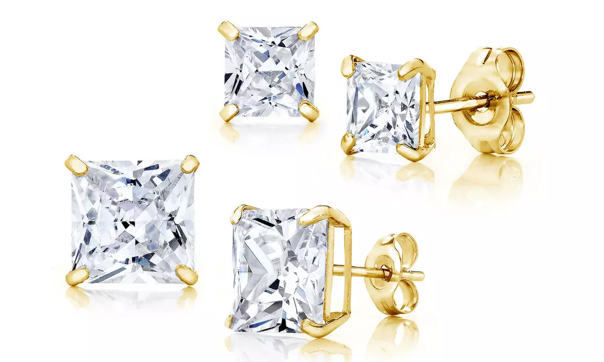 14K Solid Gold Princess Cut Stud Earrings Made with Swarovski Crystals
 - Primary Image