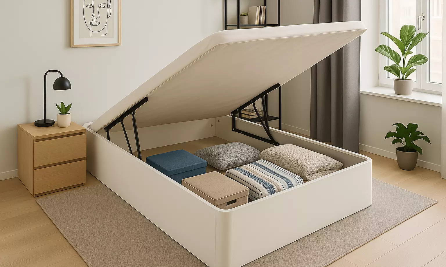 Canapé Abatible Altura 32cm Blanco ENVIO Y MONTAJE GRATIS, Gran Capacidad, Madera, Tapa 3D