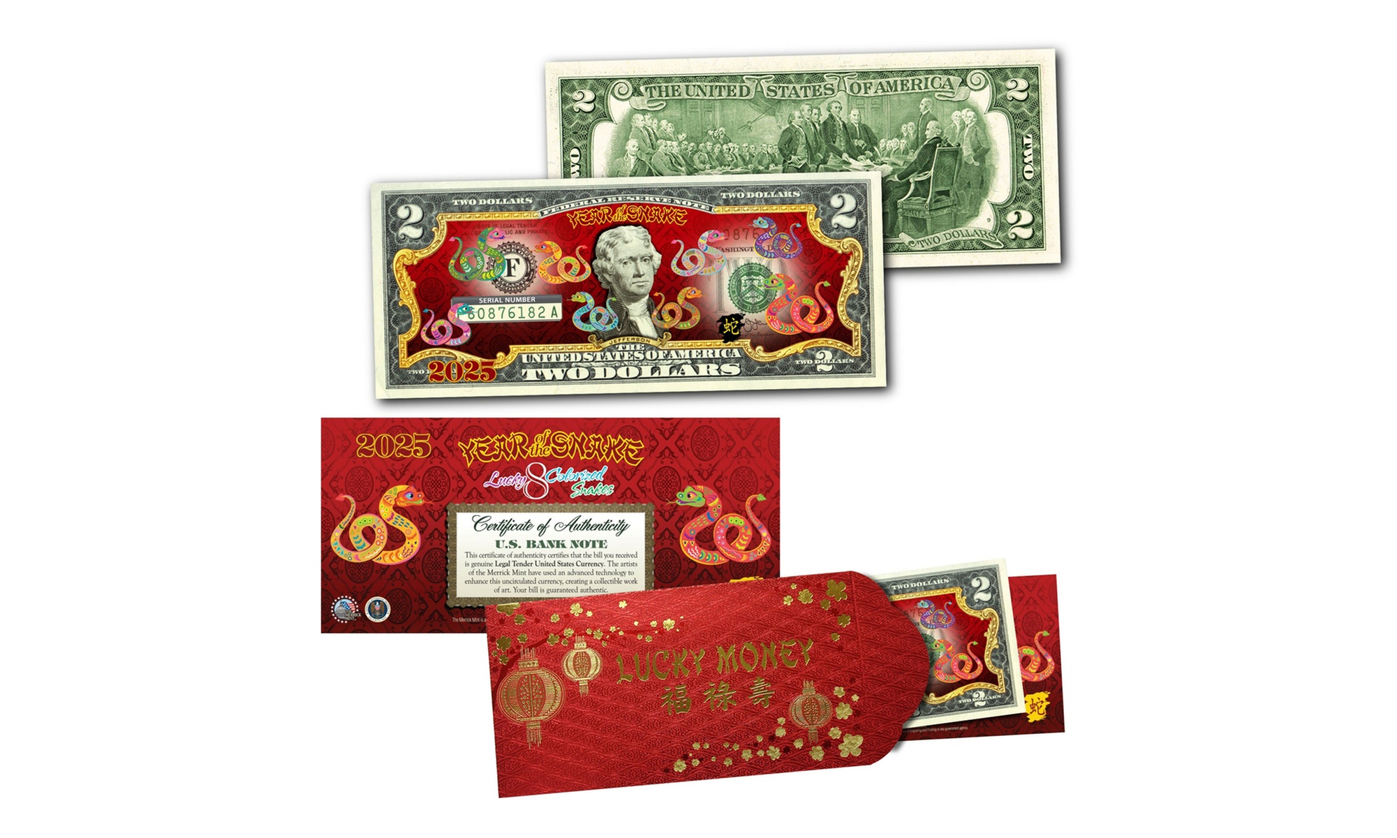 2025 Chinese New Year of the Snake Polychromatic 2.00 Dollar Bill Red Envelope 