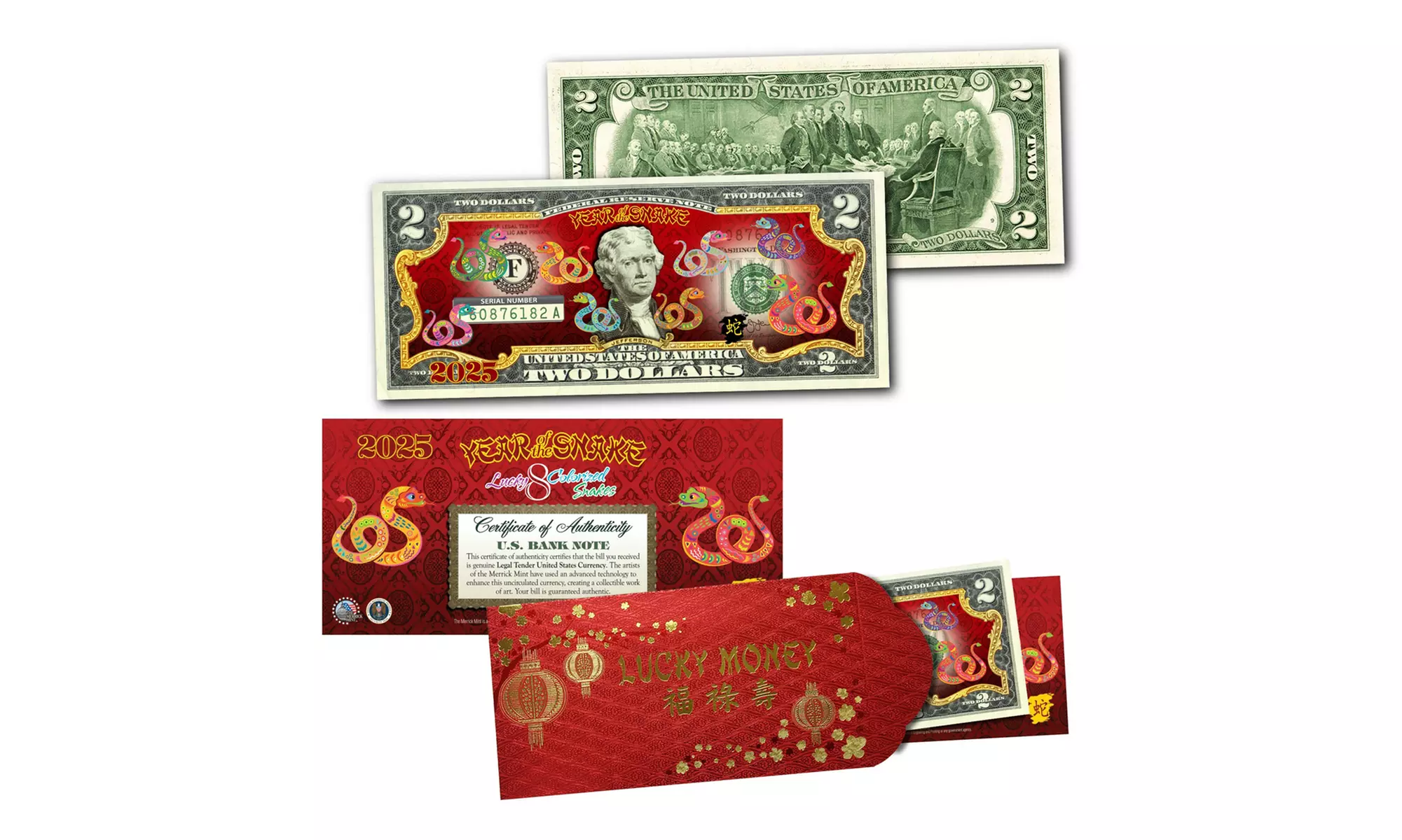 2025 Chinese New Year of the Snake Polychromatic 2.00 Dollar Bill Red Envelope  - Primary Image