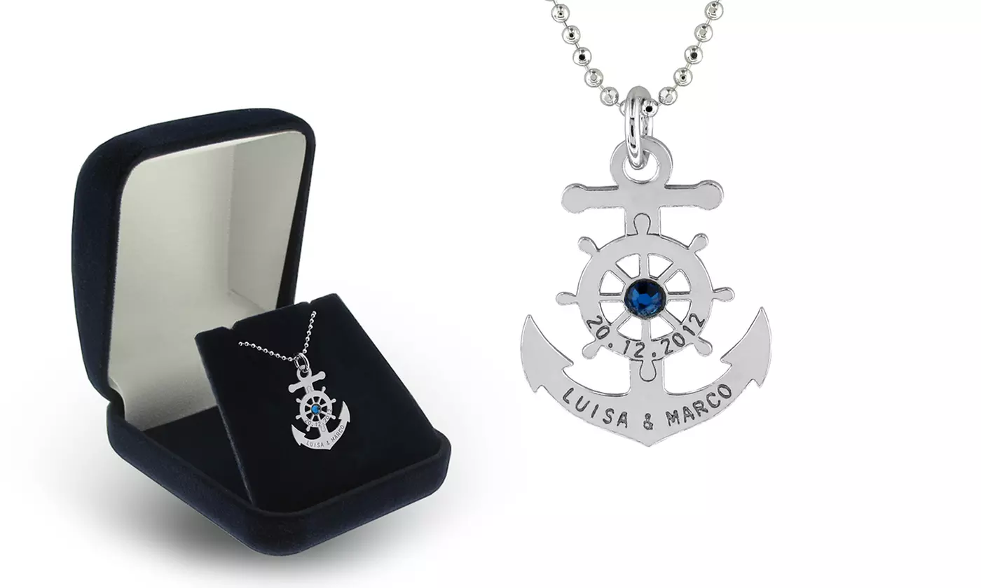 Engraved Anchor Necklace in Sterling Silver with Swarovski Elements from SilvexCraft Design - Primary Image