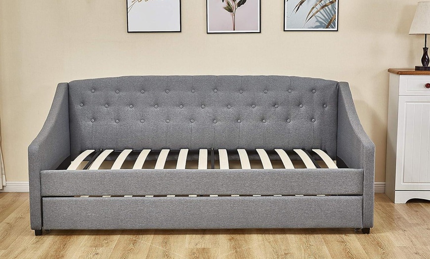 Image 4: 3ft Single Trundle Daybed with Tufted Fabric Finish in Grey