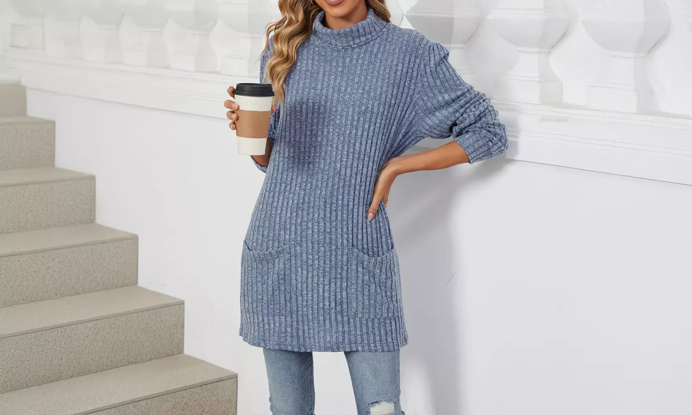 Womens Lightweight Turtleneck Long Sleeve Knit Tunic Top with Pockets