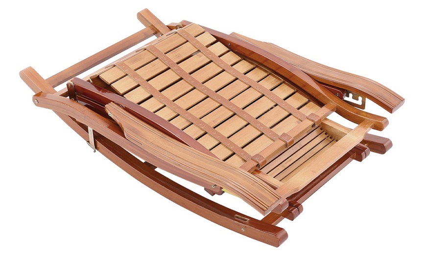 Image 3: Ergonomic Foldable Bamboo Recliner Chair with Retractable Footrest