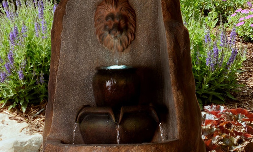 Image 2: 3-Tier Lion Head Rock Outdoor LED-Lit Water Fountain