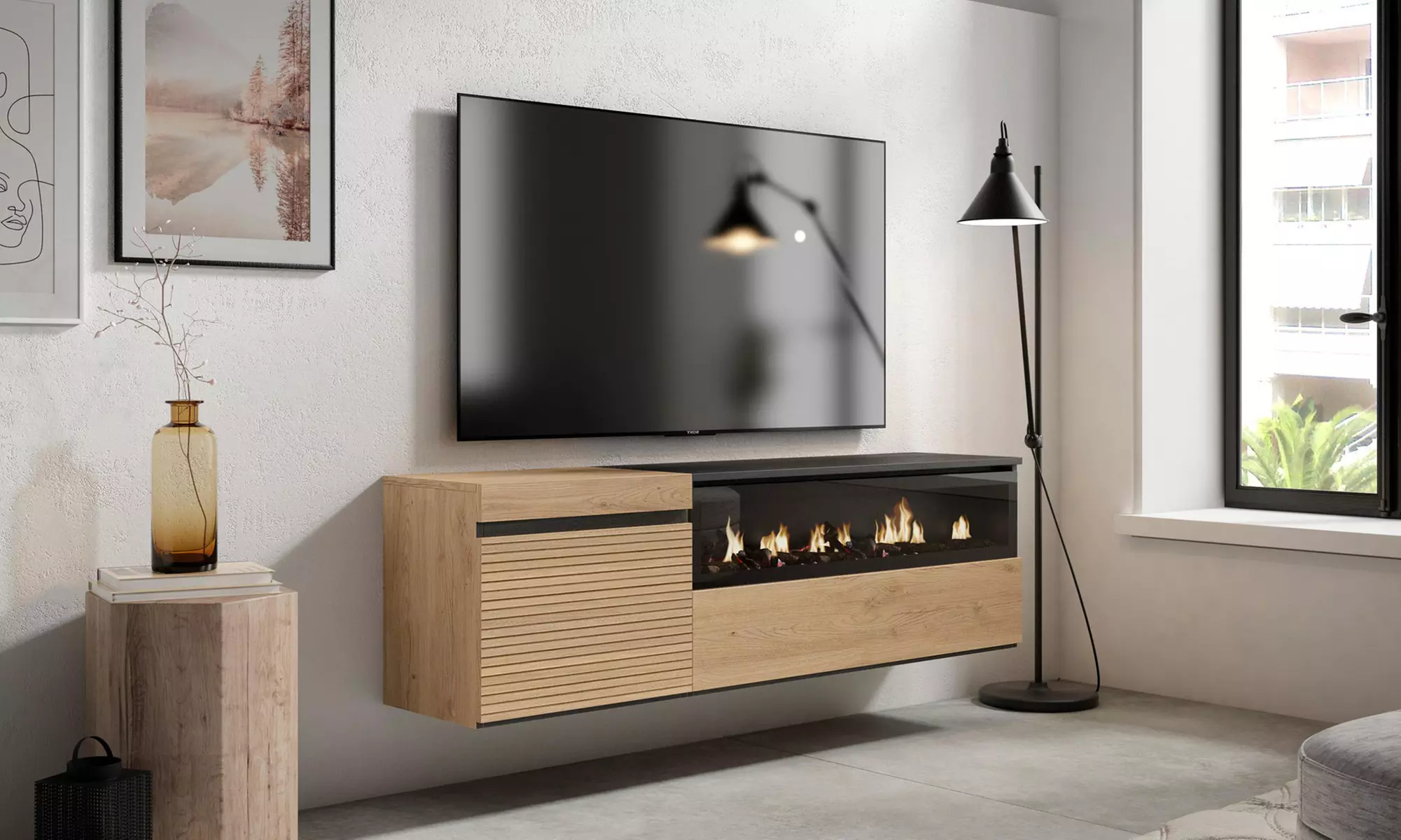 Meuble TV couleur chêne avec ou sans cheminée électrique LED dans le modèle de votre choix, livraison offerte - Primary Image