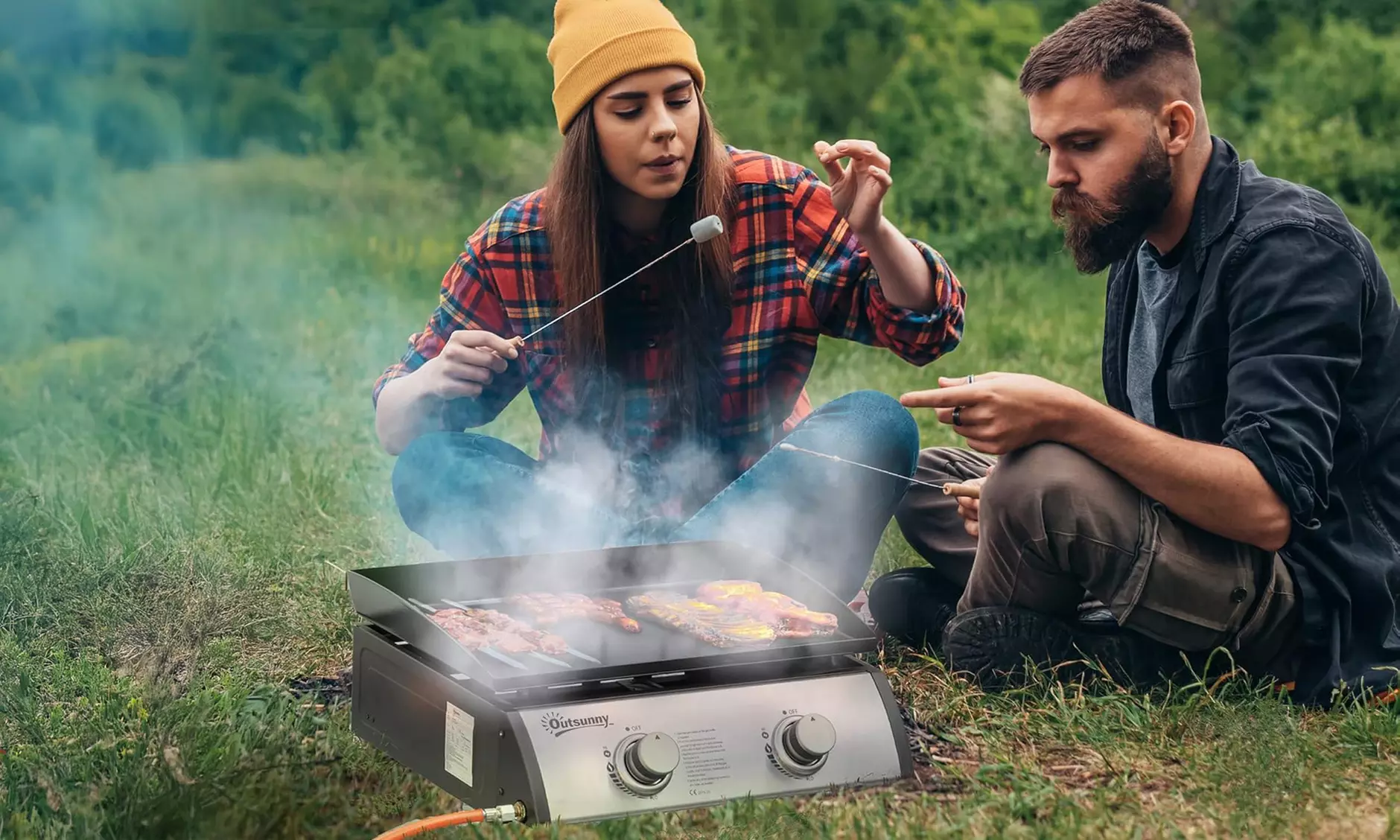 Outsunny Tabletop Gas Plancha Grill with Two Stainless Steel Burner