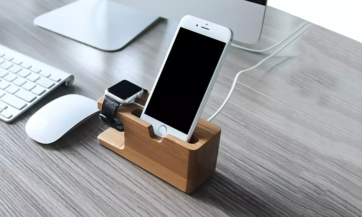 Waloo 2-in-1 Bamboo Charging Dock for Apple Watch and iPhone - Primary Image