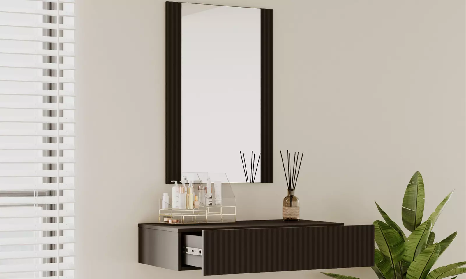 Tocador acanalado con cajón y espejo