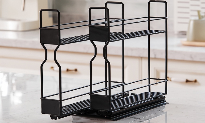 Image 3: Two-Tier Slide-Out Metal Spice Rack for Cabinet Organisation