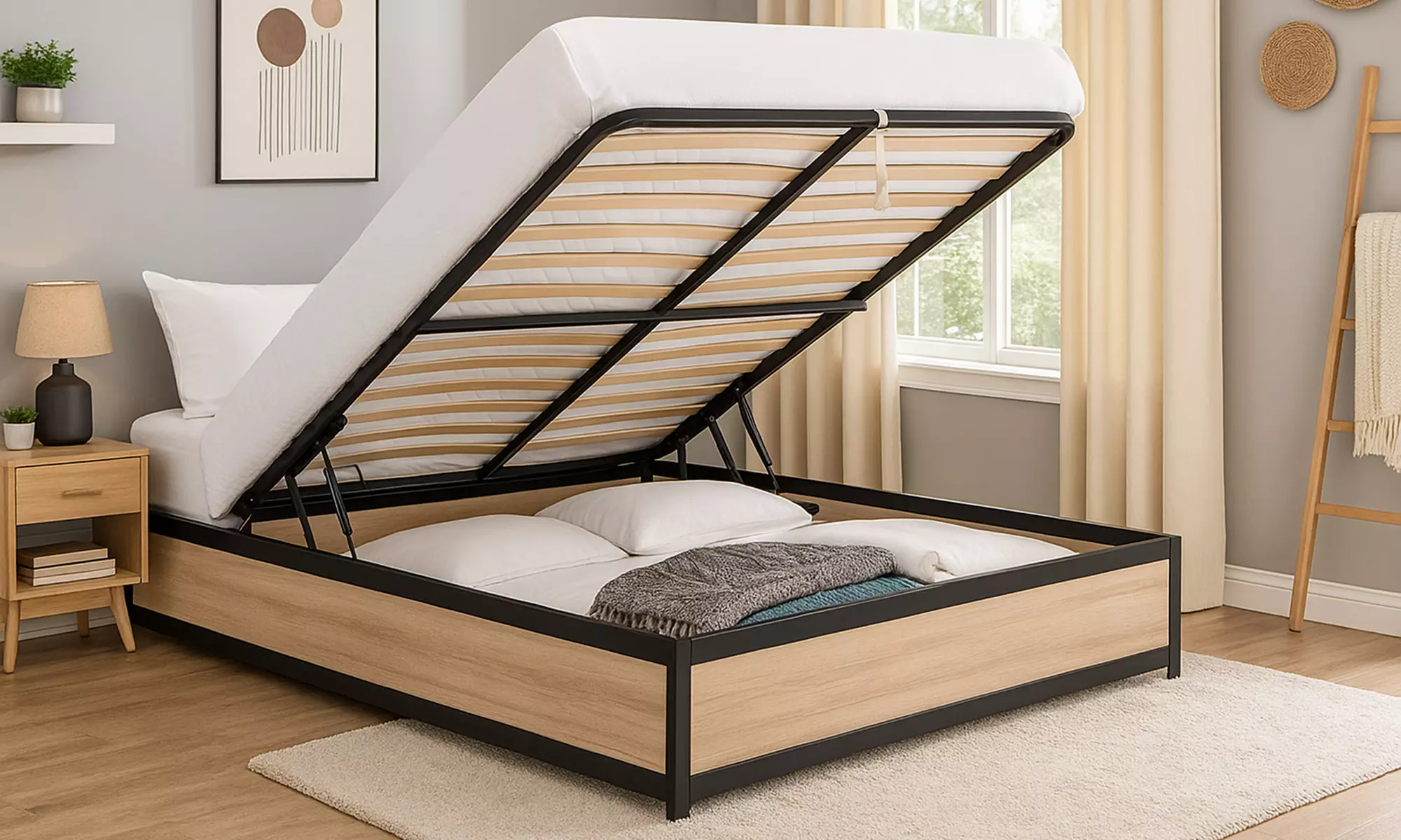 Lit coffre industriel "Boston", en bois et métal, espace et robustesse, matelas en option, Sampur, livraison offerte - Primary Image