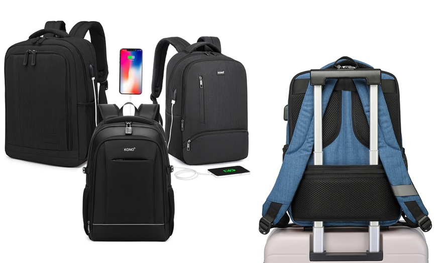 Image 1: KONO Travel Backpack Business Bag with USB Port and Laptop Compartment