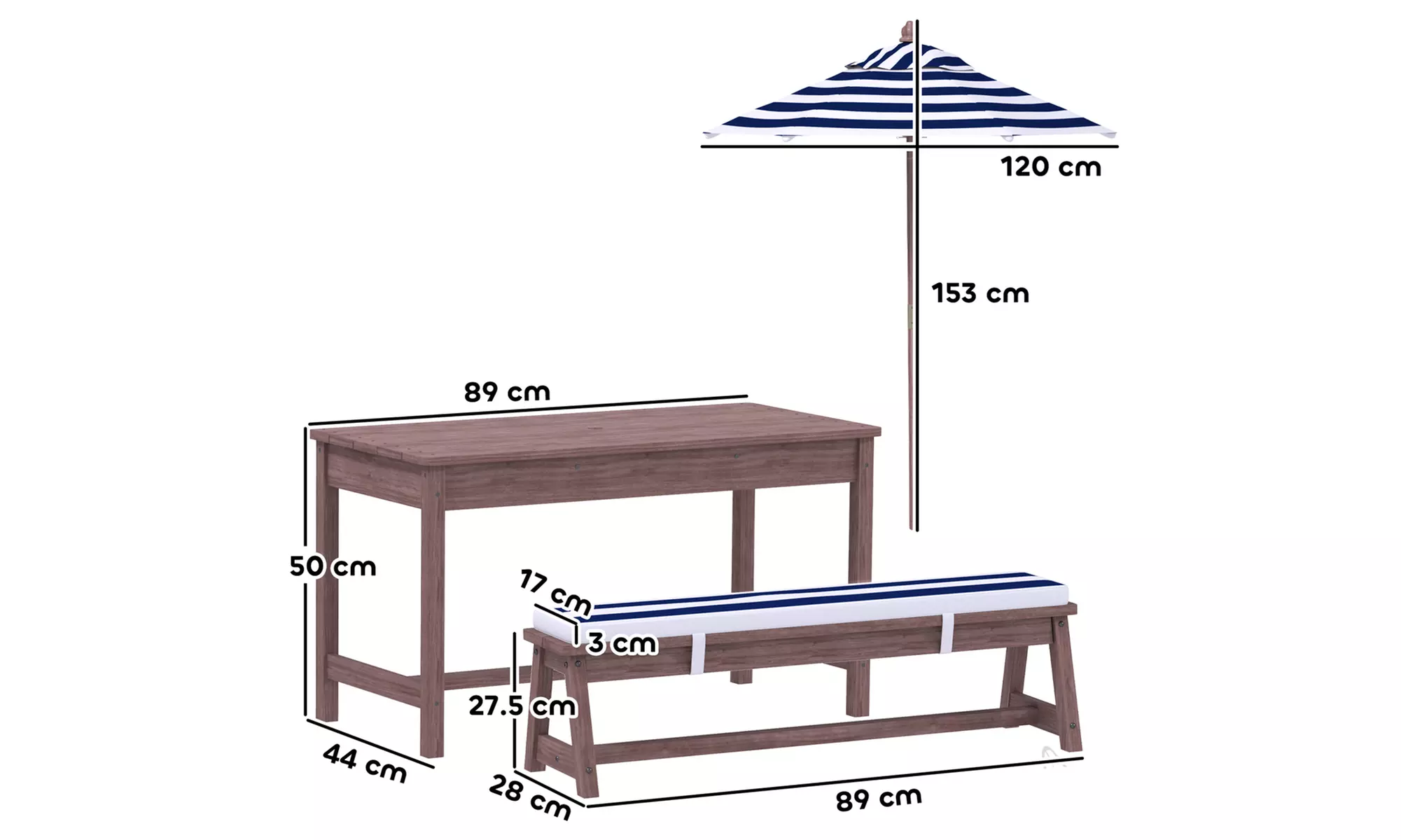 Kids wooden picnic table with umbrella